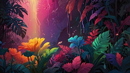 Wall Mural - A vibrant jungle scene showcases a variety of colorful foliage bathed in ethereal light. Lush leaves in shades of red, blue, green, and yellow create a magical and mysterious atmosphere.