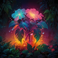 Wall Mural - Vibrant flowers glow in a mystical garden, surrounded by lush foliage and ethereal colors. Radiant blues, pinks, and oranges create a dreamlike atmosphere.
