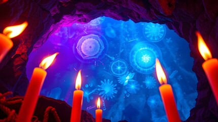 Wall Mural - a mystical cave is illuminated by the soft flicker of numerous candles, casting warm light against t