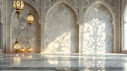 Poster - Elegant interior of a spacious room with intricate arches and decorative lanterns casting shadows