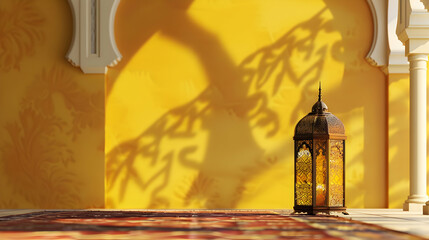 Poster - Elegant lantern casting intricate shadows on a vibrant yellow wall in a serene indoor space