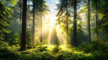 Poster - Captivating photograph showcasing the mesmerizing interplay of morning sunlight filtering through the tall pine trees in a misty forest creating long dramatic shadows on the ground