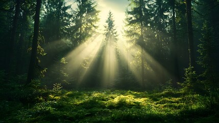 Poster - Sunlight Piercing Through Tall Pine Trees in a Misty Forest Creating Long Dramatic Shadows on the Ground with Copy Space Included