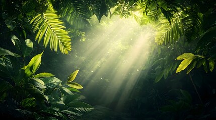 Poster - Soft warm sunlight filtering through the lush verdant leaves of a tropical forest casting beautiful ethereal light rays across the serene picturesque scene  The dappled lighting creates a peaceful