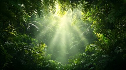 Poster - Soft warm sunlight filtering through the lush green leaves of a tropical forest casting beautiful light rays across the peaceful serene natural scene  Copy space included