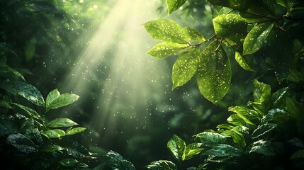Poster - Soft warm sunlight filtering through the lush green leaves of a tropical forest casting beautiful light rays across the scenic peaceful scene  Copy space included for further use