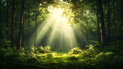 Poster - Captivating image of an enchanted forest at sunrise with delicate beams of light breaking through the tree branches and highlighting the tranquil morning mist creating a serene and magical atmosphere