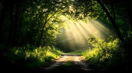 Poster - Photograph capturing a serene woodland path awash in the warm glow of golden hour sunlight with dappled rays of light peeking through the dense tree canopy to create a captivating natural landscape