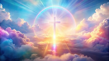 Wall Mural - Celestial Cross A radiant cross shines brightly amidst a breathtaking panorama of colorful clouds and a vibrant rainbow halo, symbolizing hope, faith, and spiritual ascension.