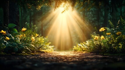 Poster - Peaceful woodland path with rays of golden hour sunlight illuminating the lush tree canopy and natural scenery  Serene and calming outdoor landscape with copy space