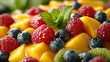 © Sang - This image shows a healthy fruit salad bowl filled with a variety of colorful fruits, including blueberries, raspberries, kiwi, mango, and mint, topped with a squeeze of lemon.