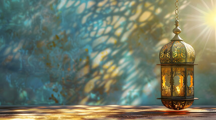 Poster - Ornate lantern casting intricate shadows against a vibrant blue background in a serene setting