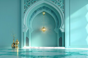 Poster - Elegant turquoise interior with ornate archway and decorative lantern, serene atmosphere