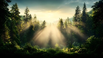 Poster - Stunning photograph showcasing the mesmerizing golden hues as the setting sun s rays cascade through the towering redwood trees creating a captivating and serene forest scene with ample copy space