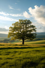 Poster - Solitary Oak Tree in Lush Green Field Under a Vibrant Blue Sky : Generative AI