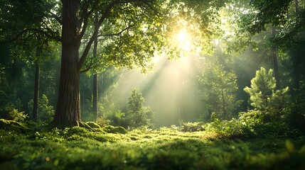 Poster - A photograph of a magical sunlit forest with light rays shimmering and shining through the tall dense trees creating an ethereal and peaceful atmosphere  The serene