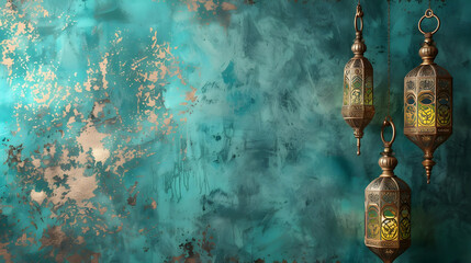 Poster - Ornate lanterns hanging against a vibrant turquoise and copper textured background