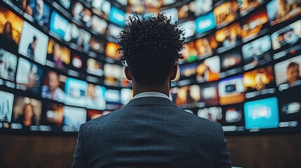 Poster - Professional man in business suit analyzing multiple television screens in modern office setting