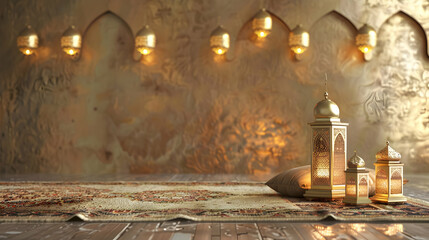 Poster - Elegant interior scene featuring decorative lanterns on a patterned rug in a warm, golden setting