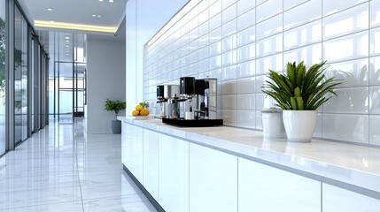 Poster - Bright and Spacious Modern Office with Coffee and Greenery