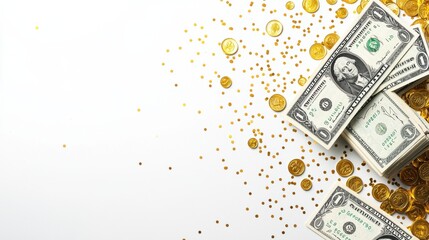Poster - Stacks of US Dollar Bills and Golden Coins on White Background with Sparkles
