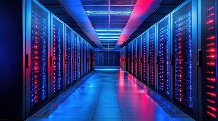 Poster - High-capacity server room stocked with numerous servers for optimized data processing and management