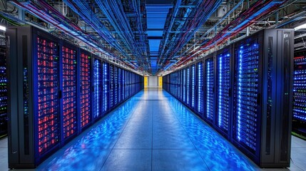 Poster - High-tech server room featuring numerous servers with advanced cooling systems and bright lighting