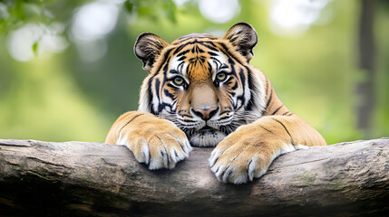 Aufkleber - Majestic Bengal Tiger Resting on Tree with Lush Green Forest Background : Generative AI
