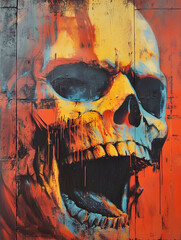 Poster - Vivid Graffiti Skull on Wooden Surface in Intense Orange and Blue Hues : Generative AI