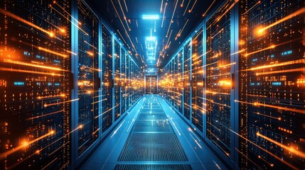 Poster - Server room packed with several servers illustrating the core of data infrastructure and networking