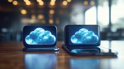 Poster - Two cell phones featuring cloud symbols on their screens signifying digital storage and connectivity
