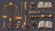 © rizkan - Collection of legal and judicial symbols including scales, books, and a gavel on dark background