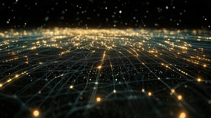 Poster - A complex network with lights connecting nodes in a web of interconnected digital elements