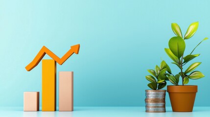 Poster - Finance Growth Profit Chart Analytics with Green Leaves Potted Plant