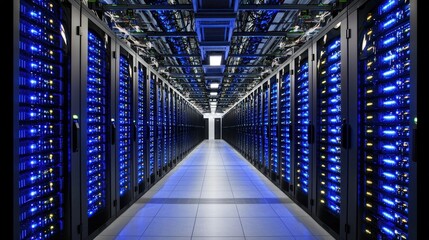 Poster - Advanced server room featuring numerous servers and networking equipment for robust data operations