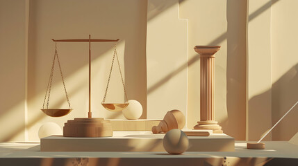 Poster - Minimalist representation of justice with scales, gavel, and pillars in a serene setting