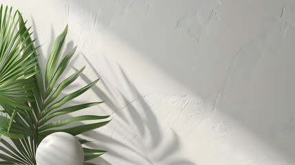 Poster - Minimalistic interior scene featuring a green palm leaf and a white sphere against a textured wall