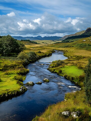 Aufkleber - Scenic Rural River Landscape with Green Meadows and Distant Mountain Range : Generative AI