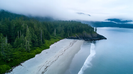 Aufkleber - Stunning Aerial View of Misty Coastal Forest Landscape at Dawn : Generative AI