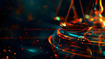 Poster - Abstract representation of justice with glowing scales and bokeh lights in a dark setting