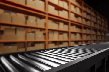 Poster - Warehouse conveyor belt with shelves full of cardboard boxes in the background. 3D Rendering