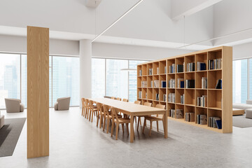 Poster - modern office library with wooden furniture and bookshelves. 3d rendering