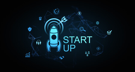 Poster - Startup business concept with rocket launch and futuristic digital elements. 3D Rendering