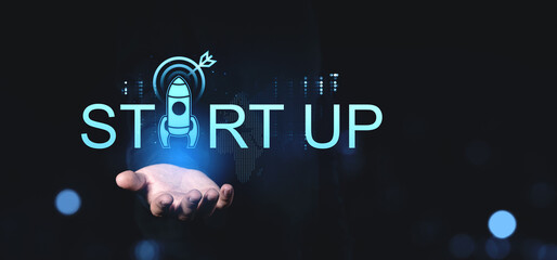 Poster - Startup concept with glowing rocket and digital graphics.