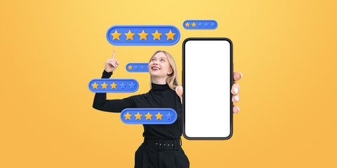 Poster - Woman holding smartphone with blank screen and floating rating s