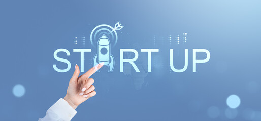 Poster - Startup concept with rocket launch symbol on digital screen.