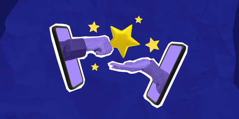 Poster - Online customer review concept with hands emerging from smartphones exchanging a gold star.
