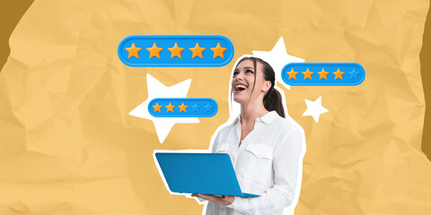 Poster - Happy woman with laptop surrounded by star rating icons on textu
