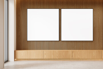 Poster - Modern interior with two blank posters on wooden slatted wall. 3D Rendering
