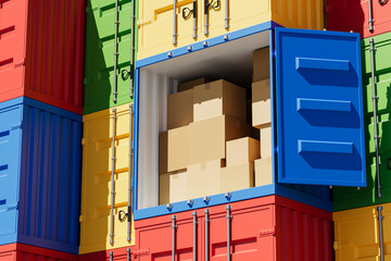 Poster - Open blue shipping container filled with stacked cardboard boxes among colorful containers. 3D Rendering